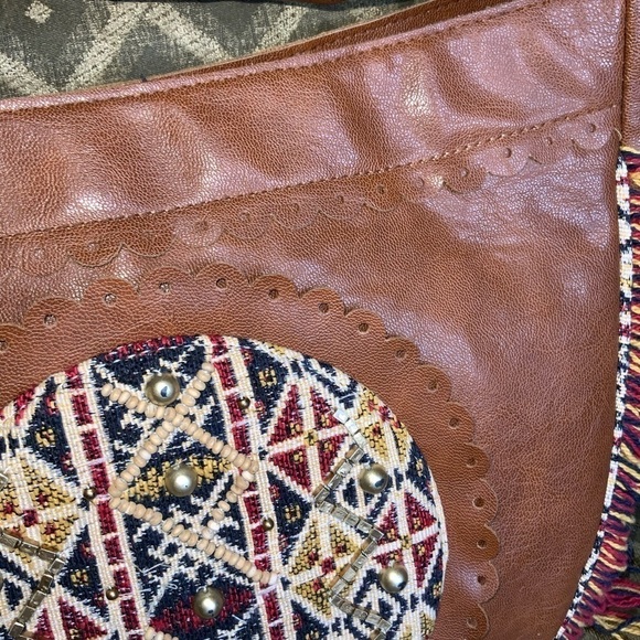 Raj Dark Caramel Tan Hobo Shoulder Strap Fringe Embroidery Beads Boho Hippie Bag - Picture 3 of 16